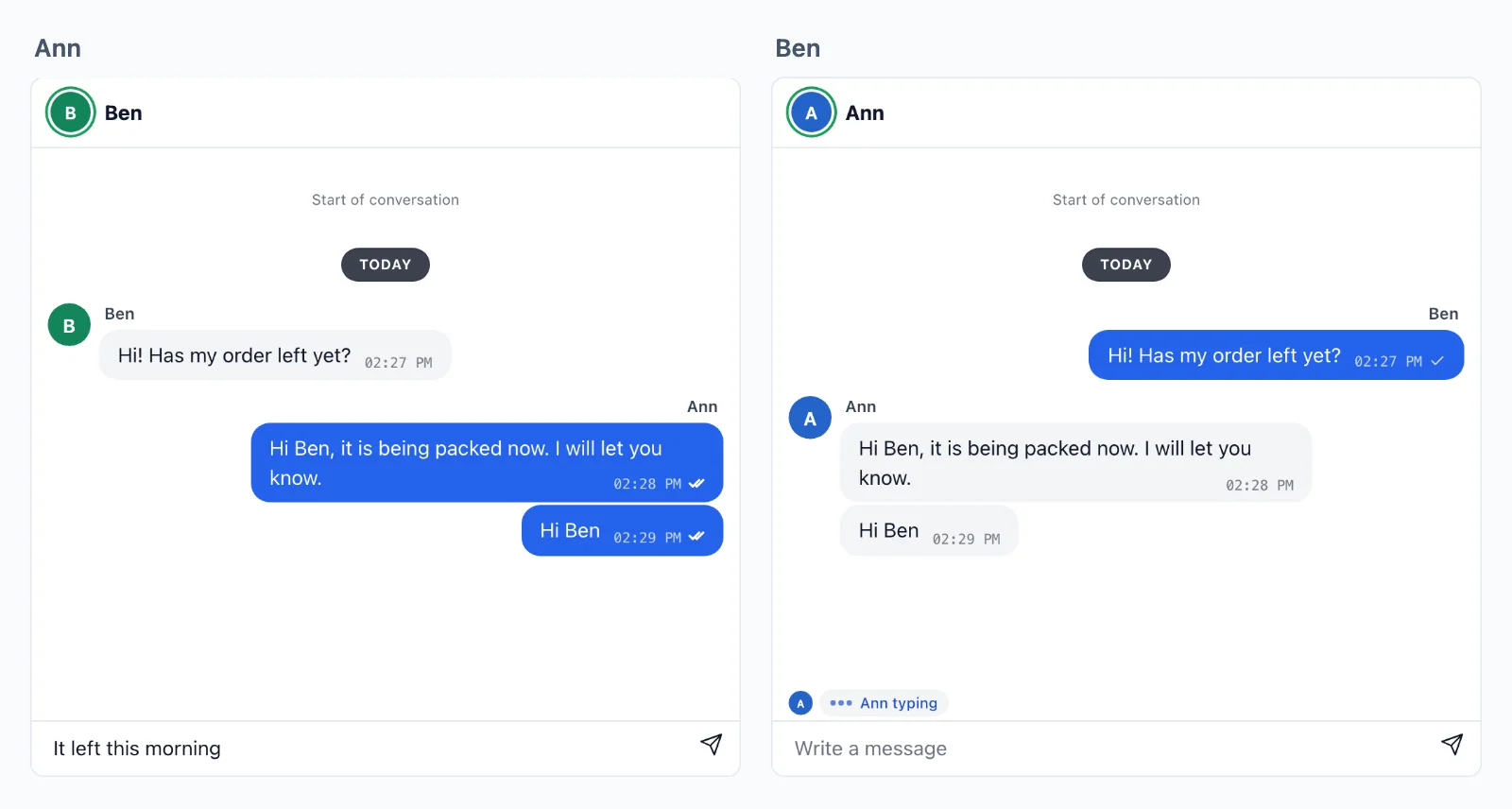 A conversation between two people, one of them typing