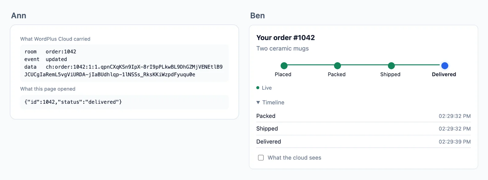 What the cloud carried for an order update, sealed, beside the page that opened it