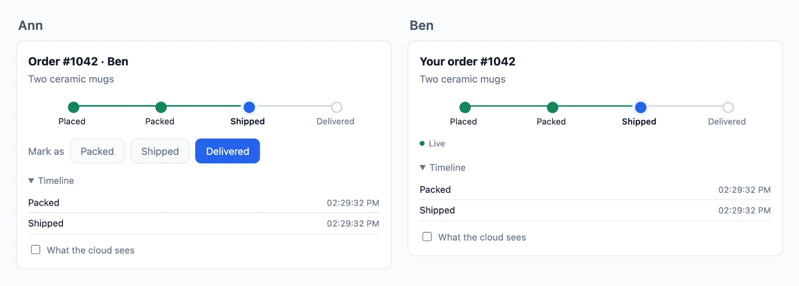 An order moving to Shipped, on the shop page and live on the customer page