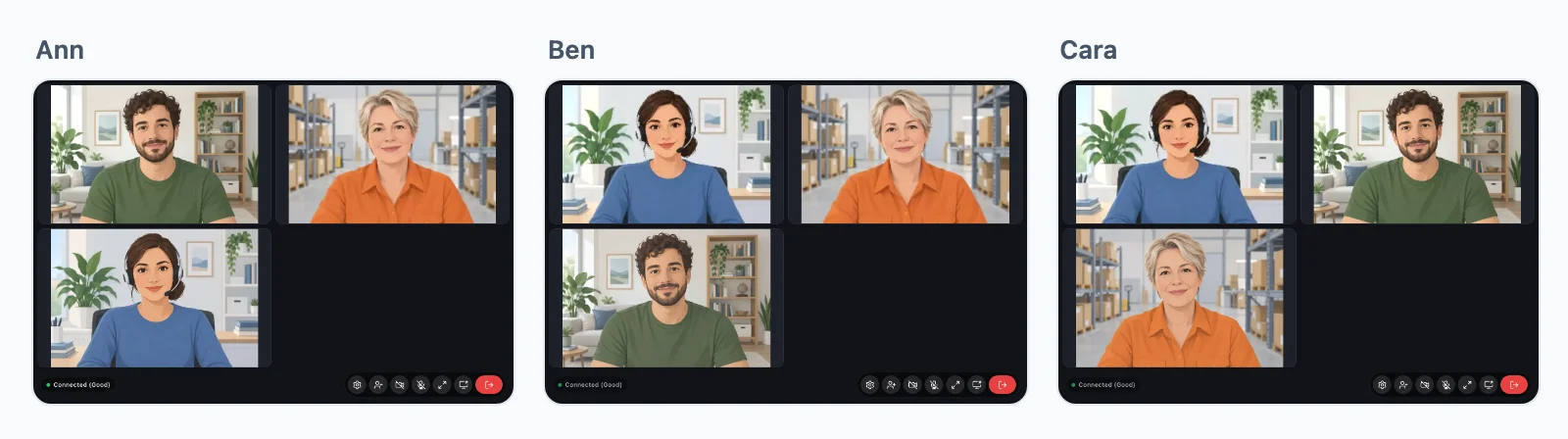 Ein Gruppen-Videoanruf mit drei Personen, so wie jede von ihnen ihn sieht