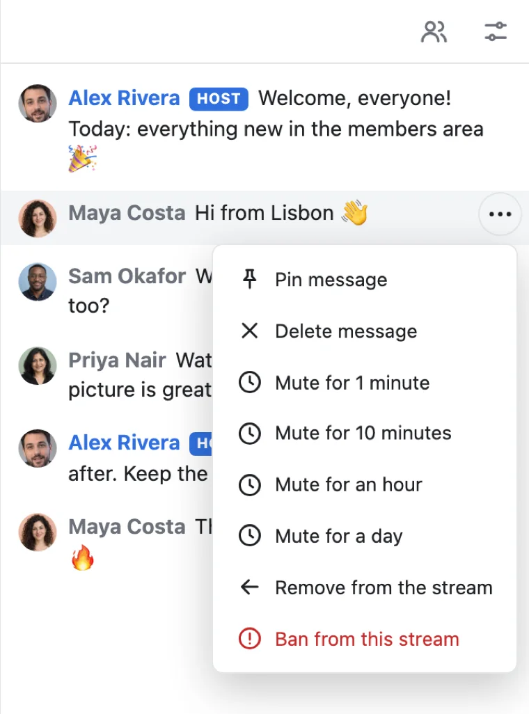 The chat of a live stream with the menu of a moderator: pin, delete, mute for a while, remove and ban