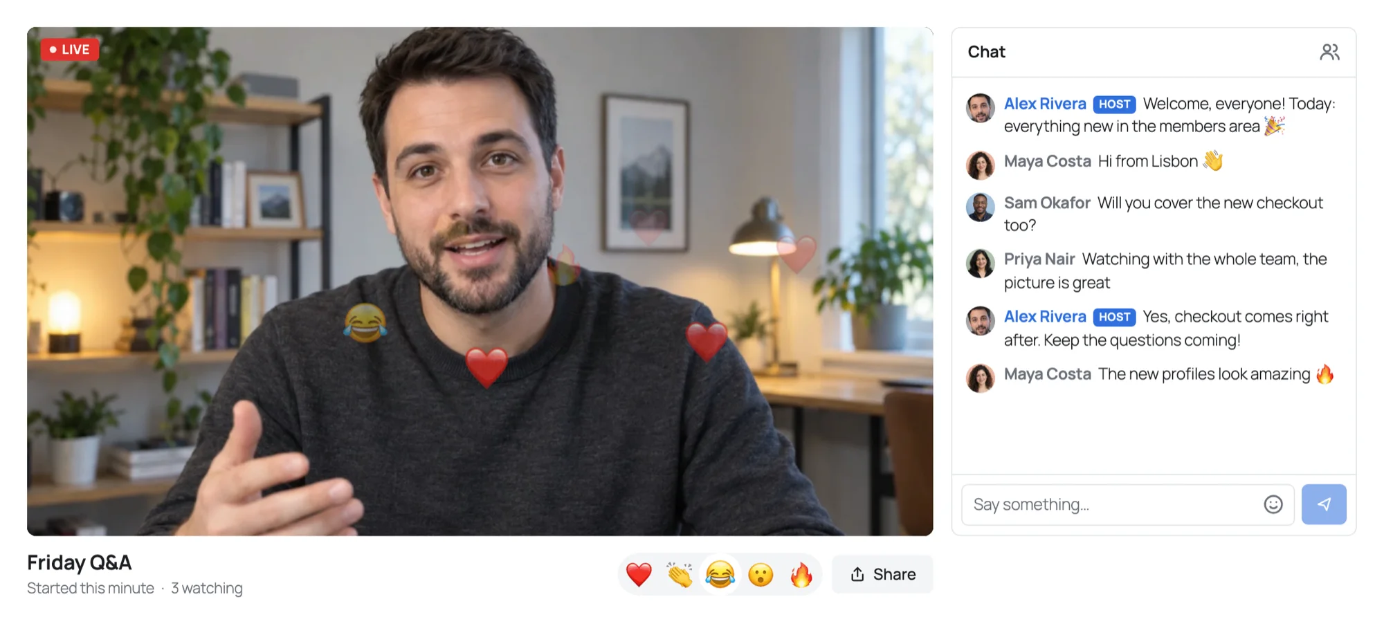 A live stream as its viewers see it: the host on camera, reactions over the picture, and the chat beside it