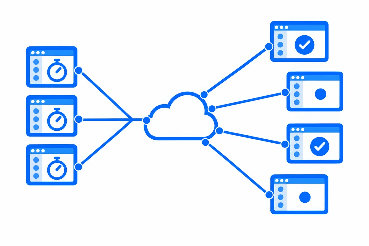 Three short-lived server functions, each with a stopwatch, joined to a cloud that keeps live connections open to four browser windows