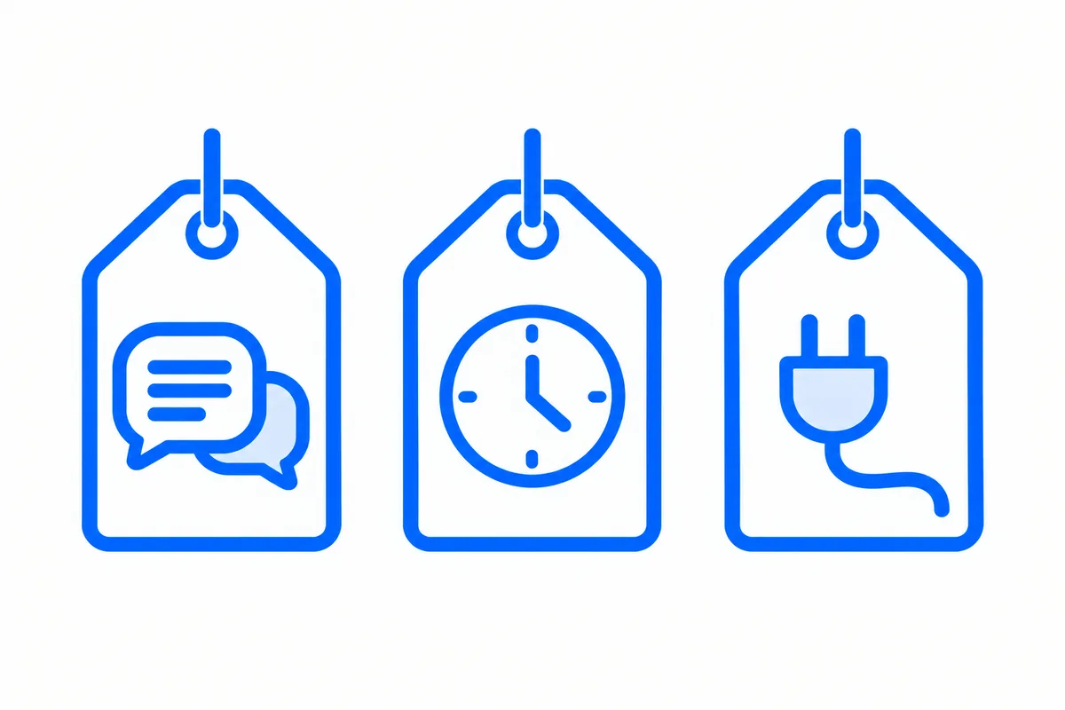 Three price tags, each with a different symbol: a message bubble, a clock and a plug