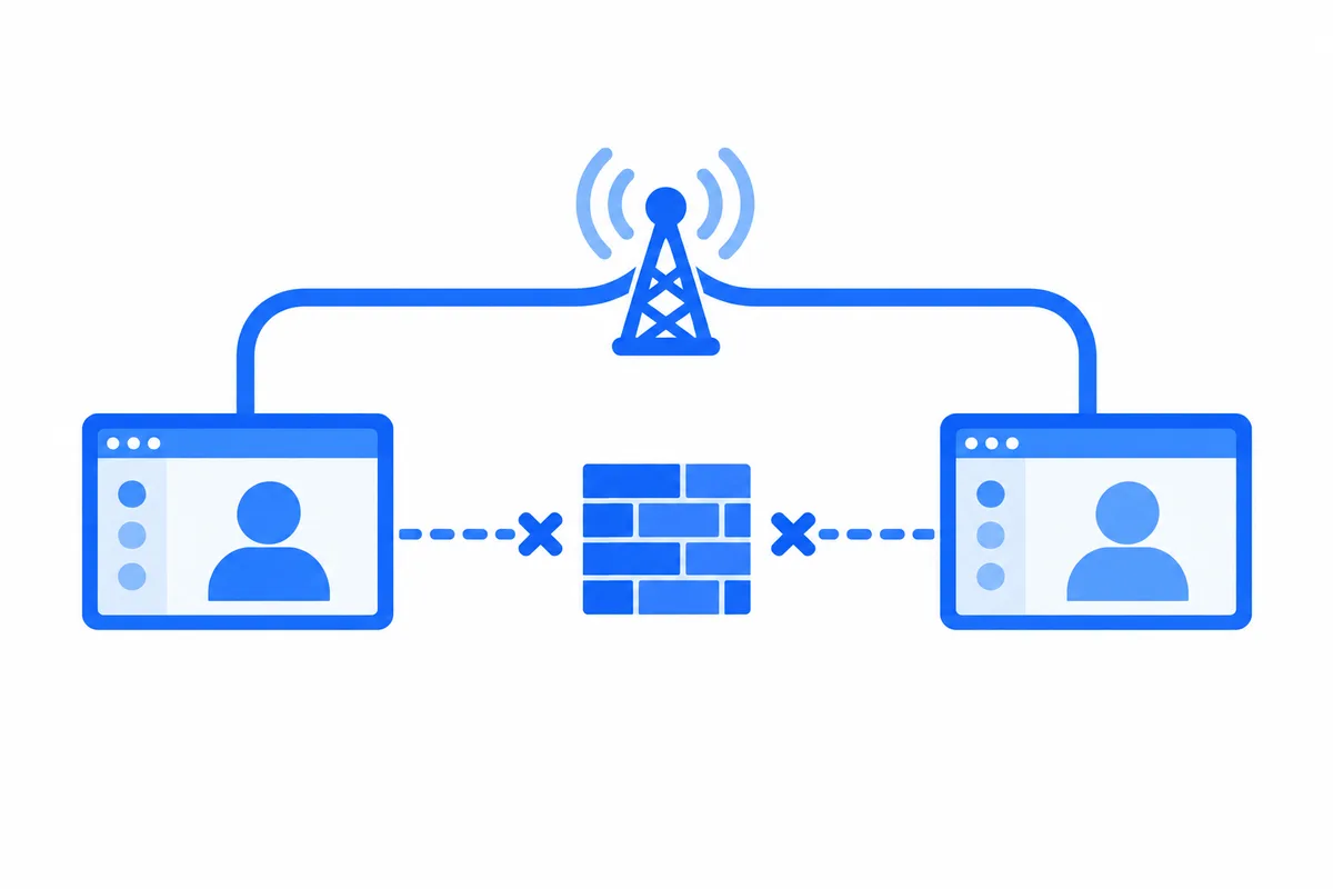 Due finestre di app in videochiamata: un firewall ferma il percorso diretto tra loro, e una torre relay sopra di esso le collega